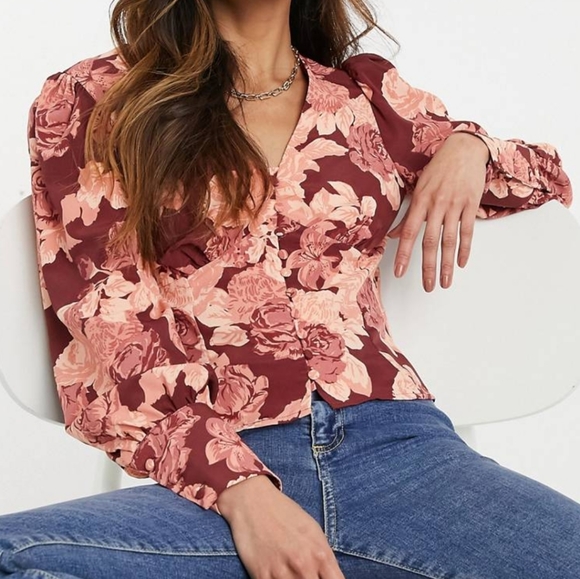 GLAMOROUS ASOS Pink Taupe Floral Print Rose Puff Sleeves Blouse 2 - Picture 1 of 7